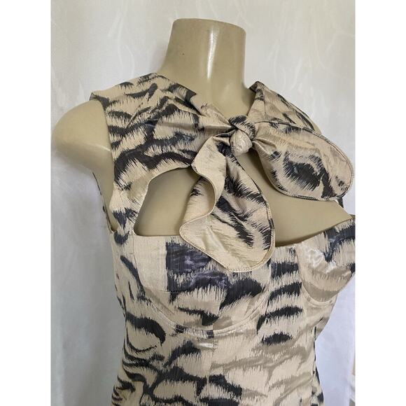 Carven Dress Cut Out Front Bow Tie Sleeveless Jacquard Beige Gray Sheath… - Picture 3 of 9